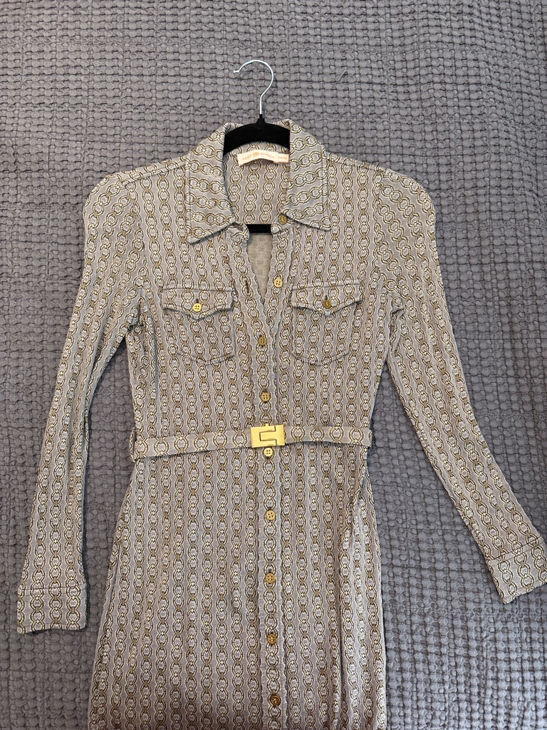 Tory Burch Gemini Jacquard Chain Link Long Sleeve Shirt Dress With Gold Accents